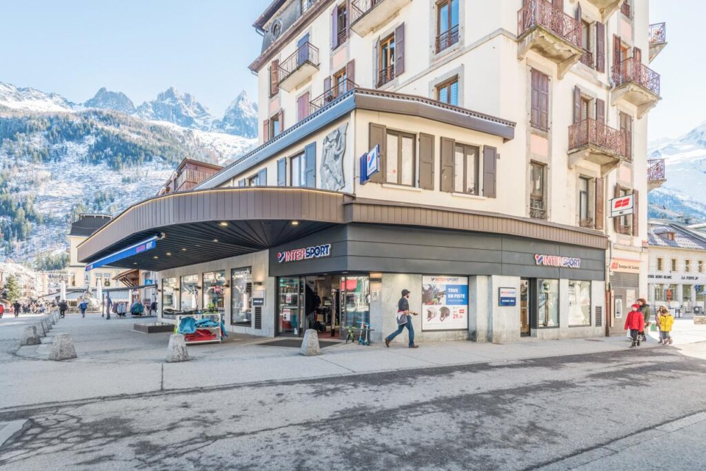 Chamonix ski rental shop Intersport pictured on frosty clear day