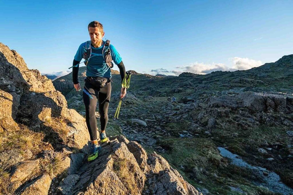 ultra runner Ross Jenkin on a rocky section in the high hills