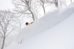 skier Steve Lee barely visible through powder kicked up by skis, in front of birch trees in a snowy Japan