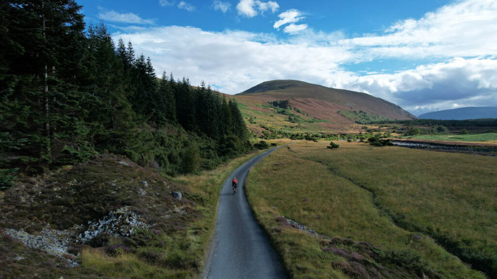 a bike on a road through very Scottish landscape of green forest and brown-green grass