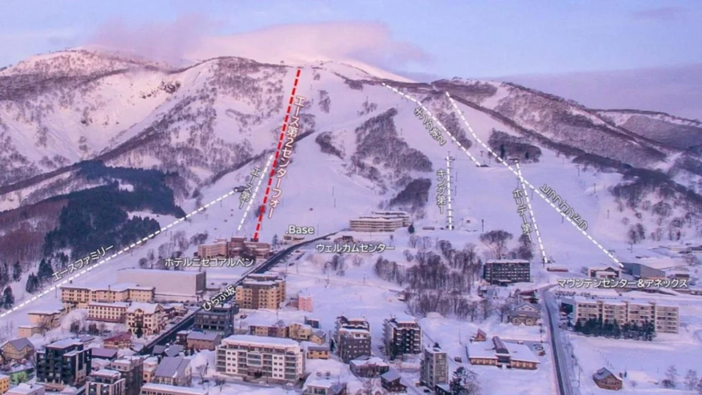 lift lines sketched on image of Hirafu ski resort
