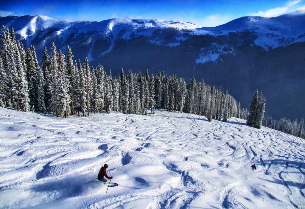 a well tracked ski run, covered in fresh powder, is photographed as two skiers make turns