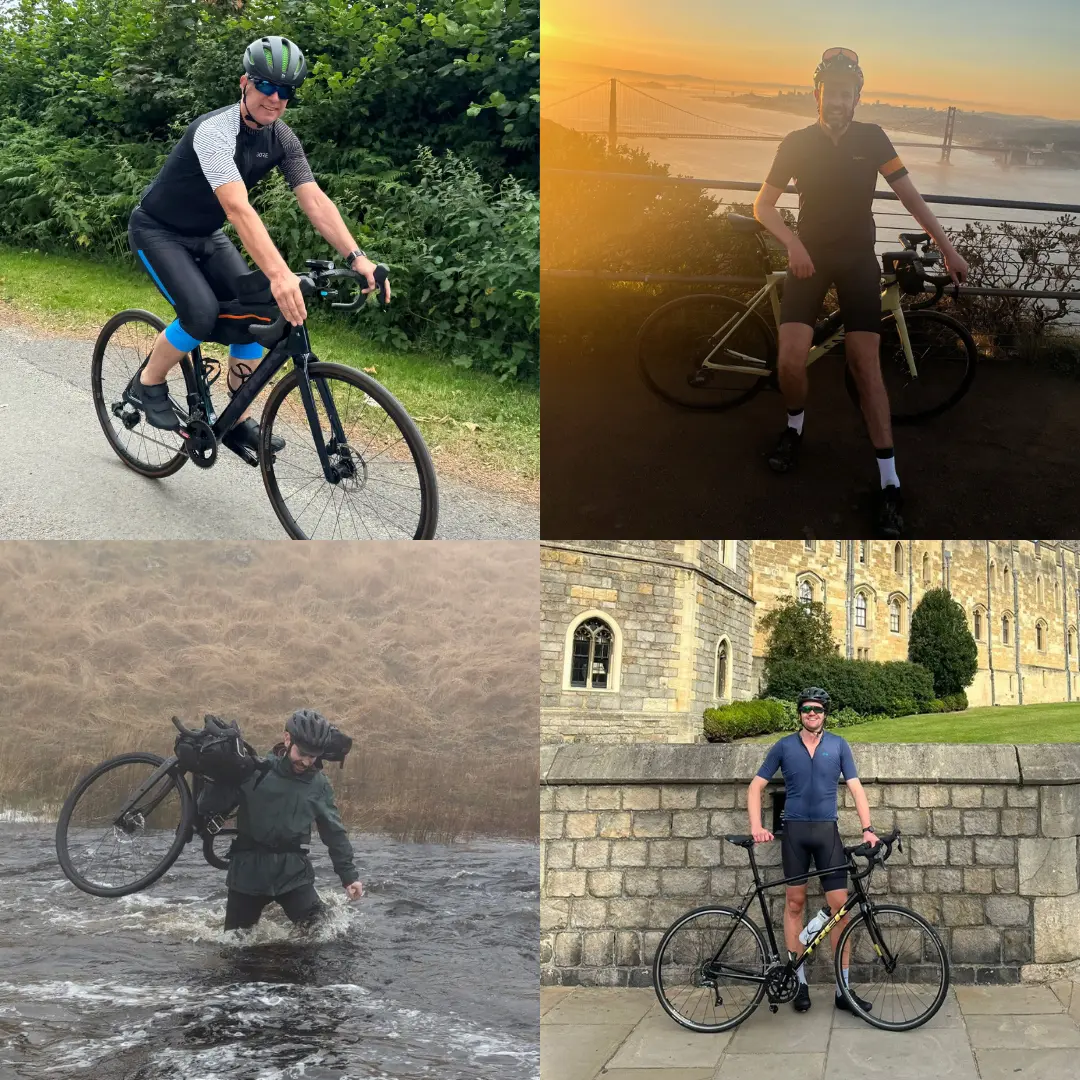 a collage of four bike riders posing for camera