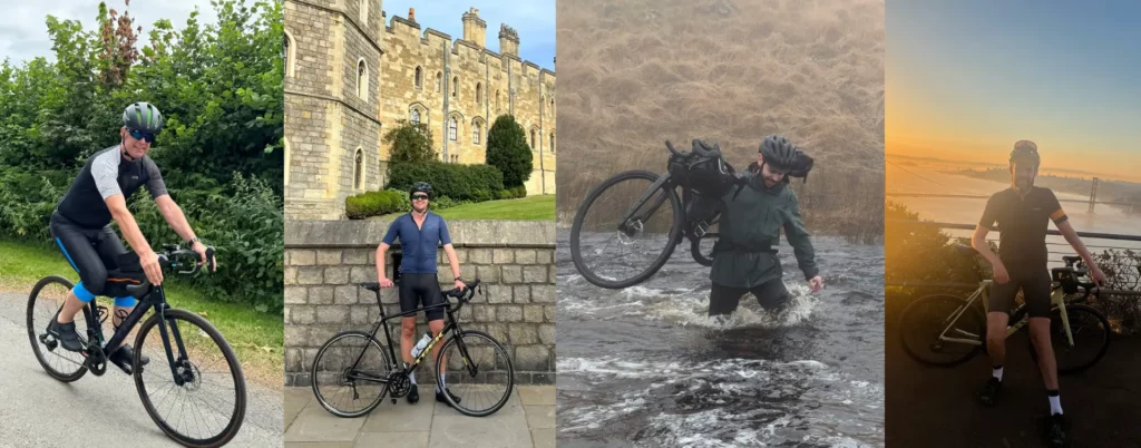 a collage of four bike riders posing for camera